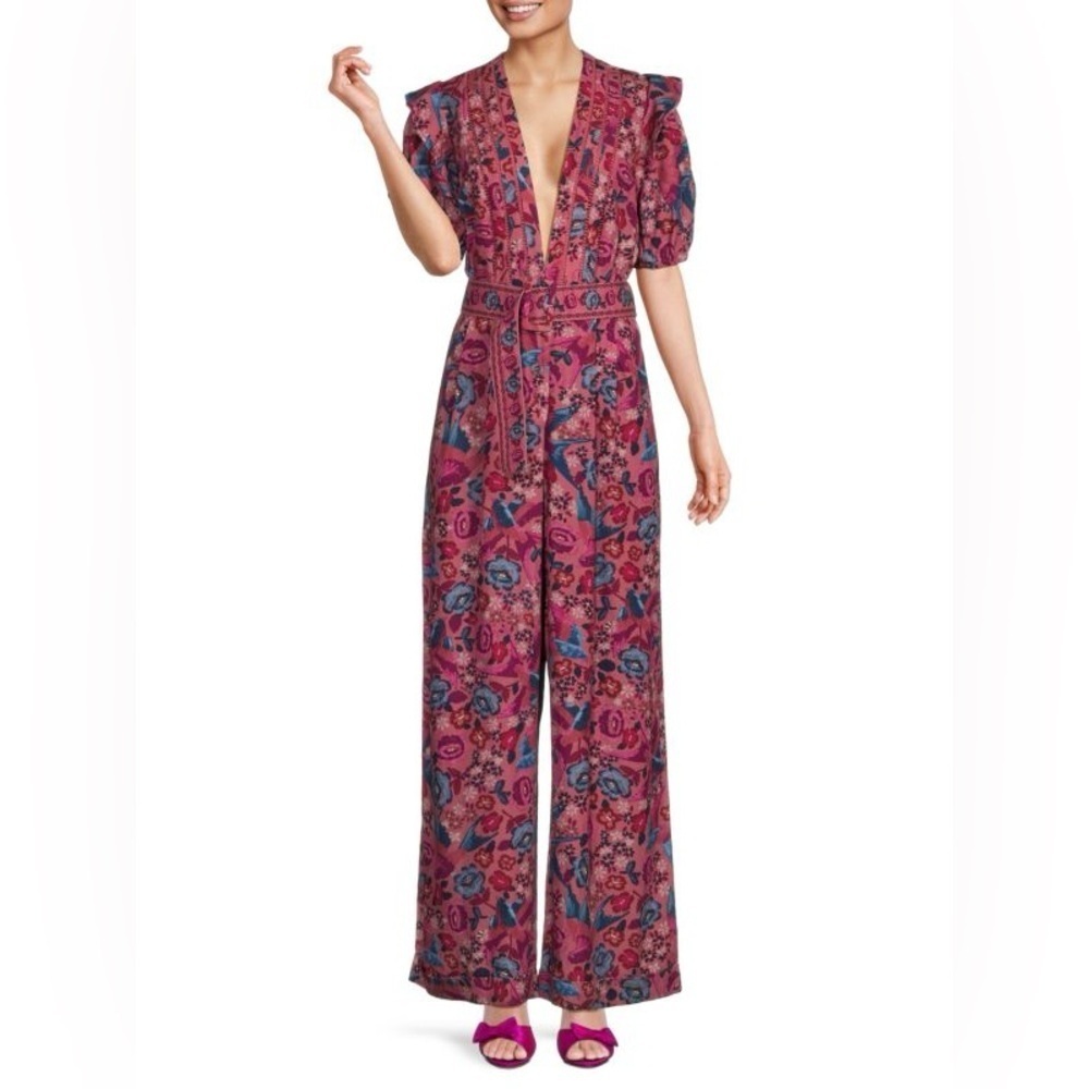 FARM Rio Floral Birds Blush Jumpsuit with Puff Sleeves Size: XL - Picture 7 of 16